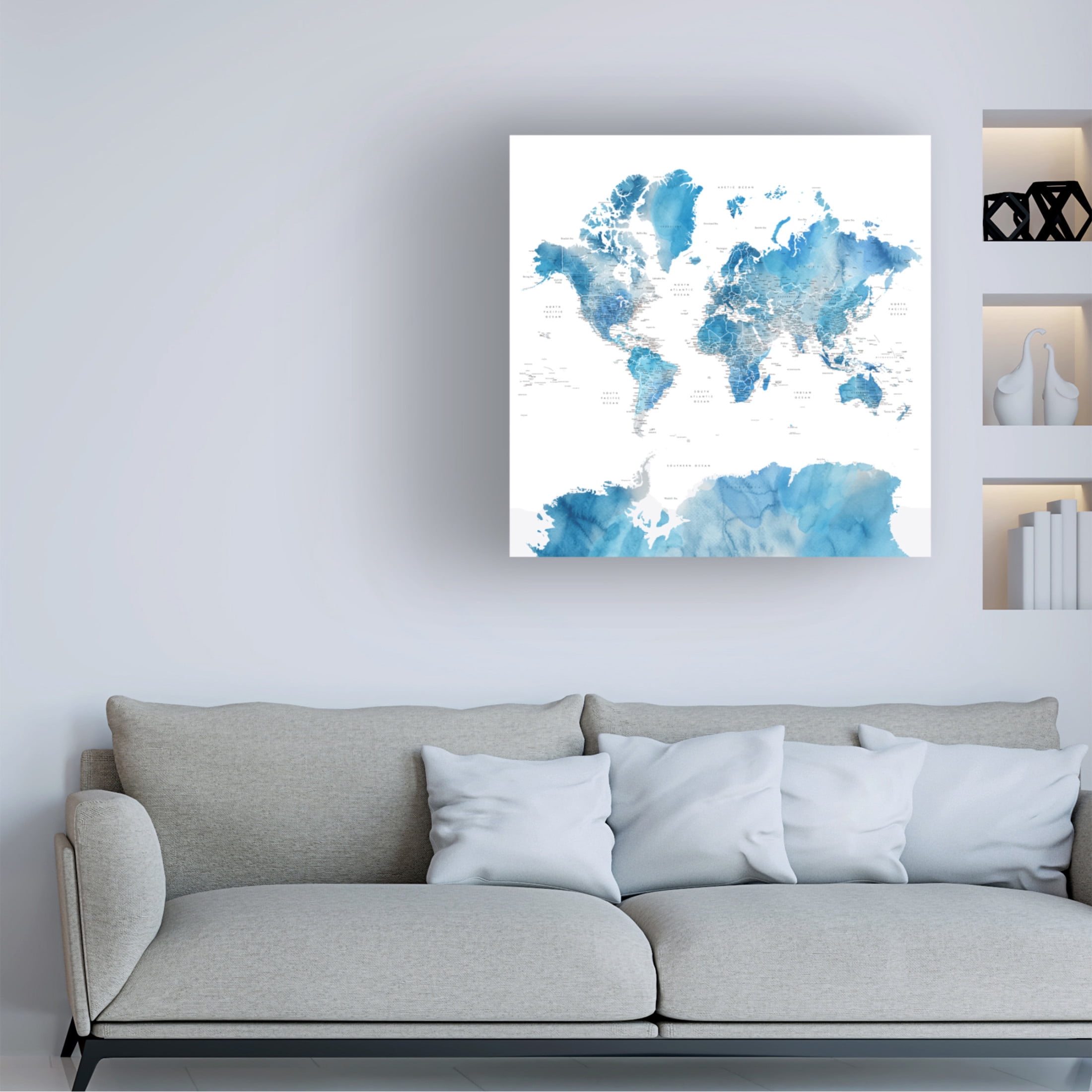 Canvas Wall Art - blursbyai 'Raleigh Detailed Watercolor World Map' Wall Art for Living Room, Bedroom, or Office Décor by Trademark Fine Art - 35 x 35 Inches