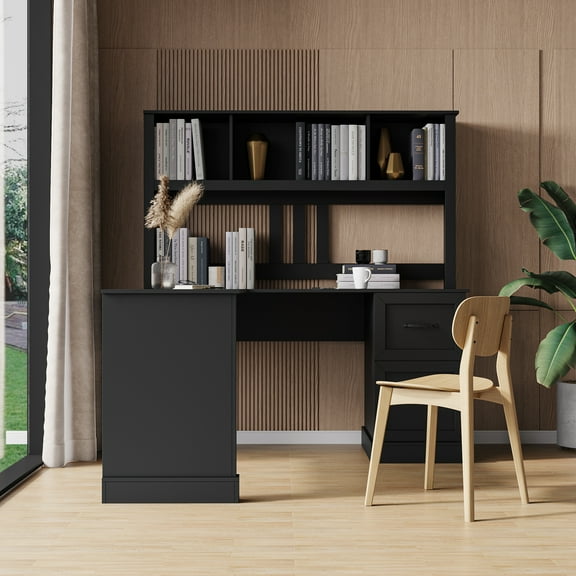 Home Office Computer Desk with Hutch, Antiqued Black finish