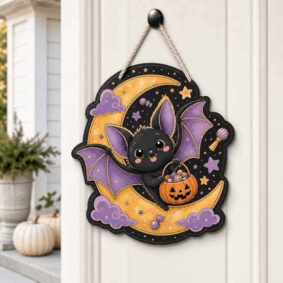 CLOUD MANOR Rustic Door Hanger Cute Bat Moon Halloween Decor