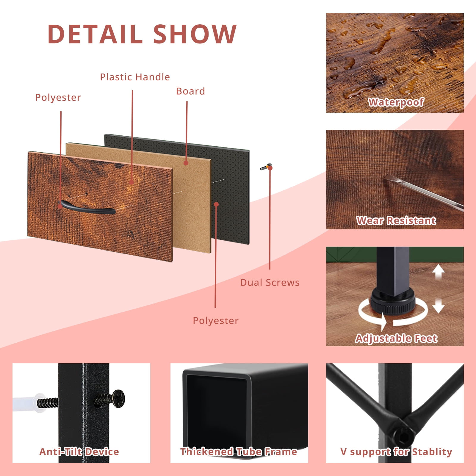 Small TV Stand, Brown Dresser TV Stand for Bedroom, Entertainment Center for 45 Inch TV with Drawers, Fabric, Adjustable Feet, Living Room