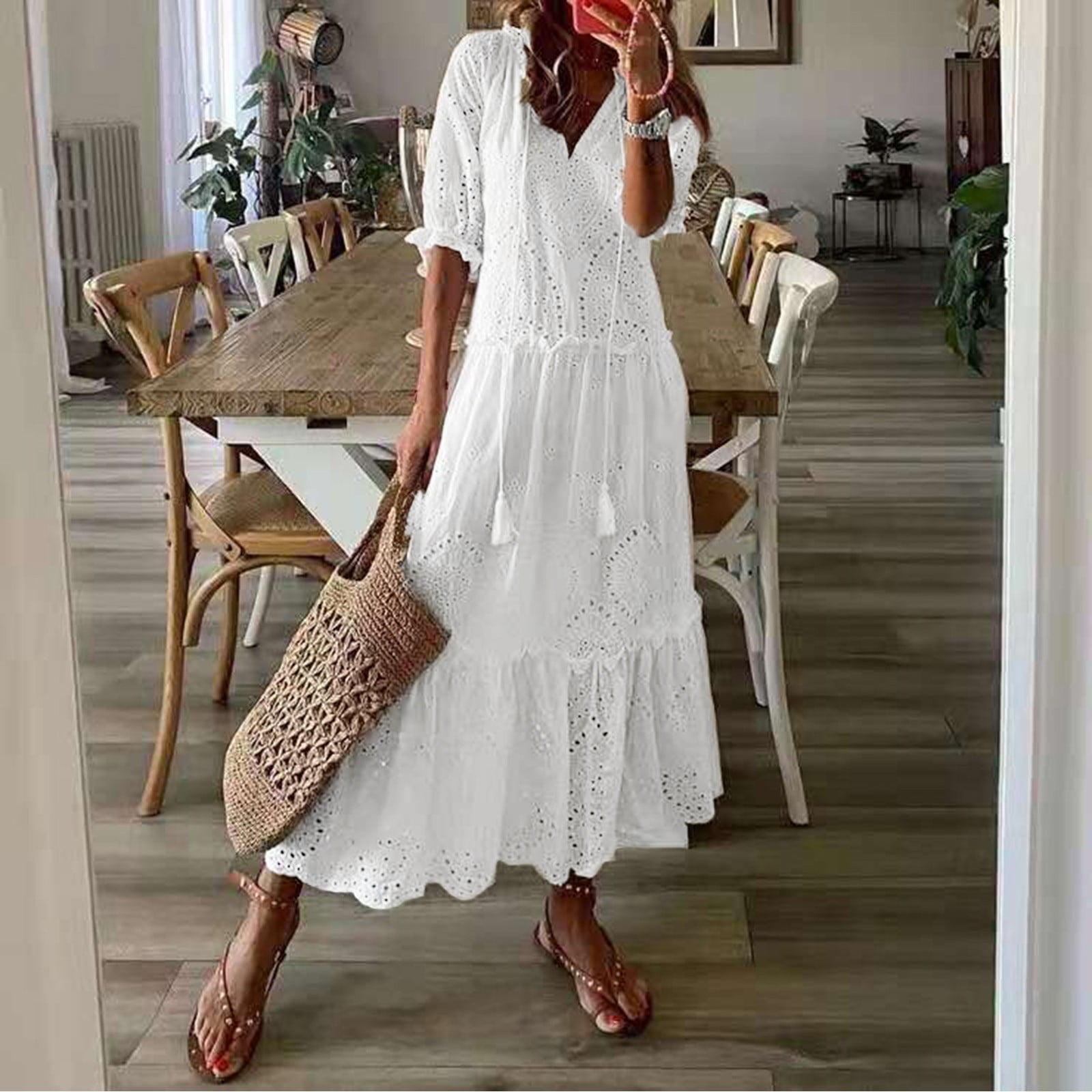 XIAOCHA Eyelet Embroidered Dress for Women Loose V Neck Three Quarter Sleeves Tiered Maxi Dress Airy Boho Vacation Dresses