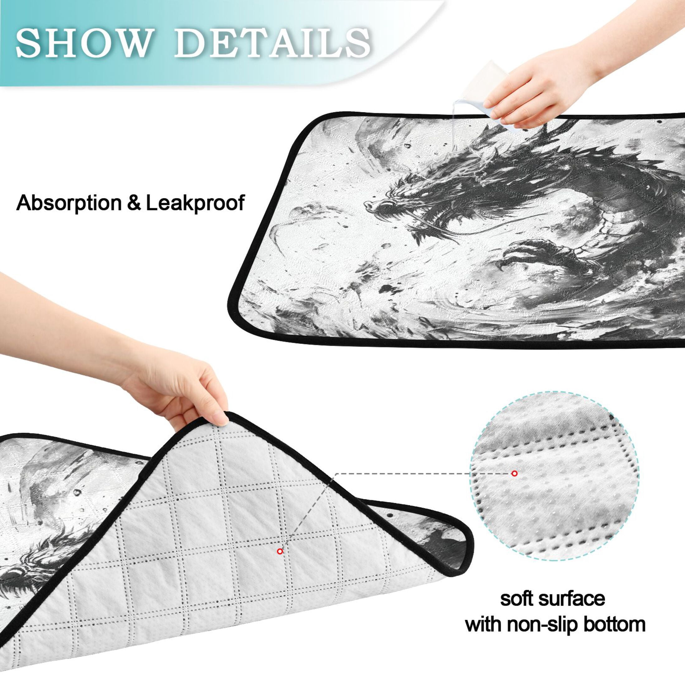 Qxltty Black Dragon Cat litter Pads Pet Set of 3 Diaper Mats Center Anti-leakage Layer Absorbent Soft and Comfortable