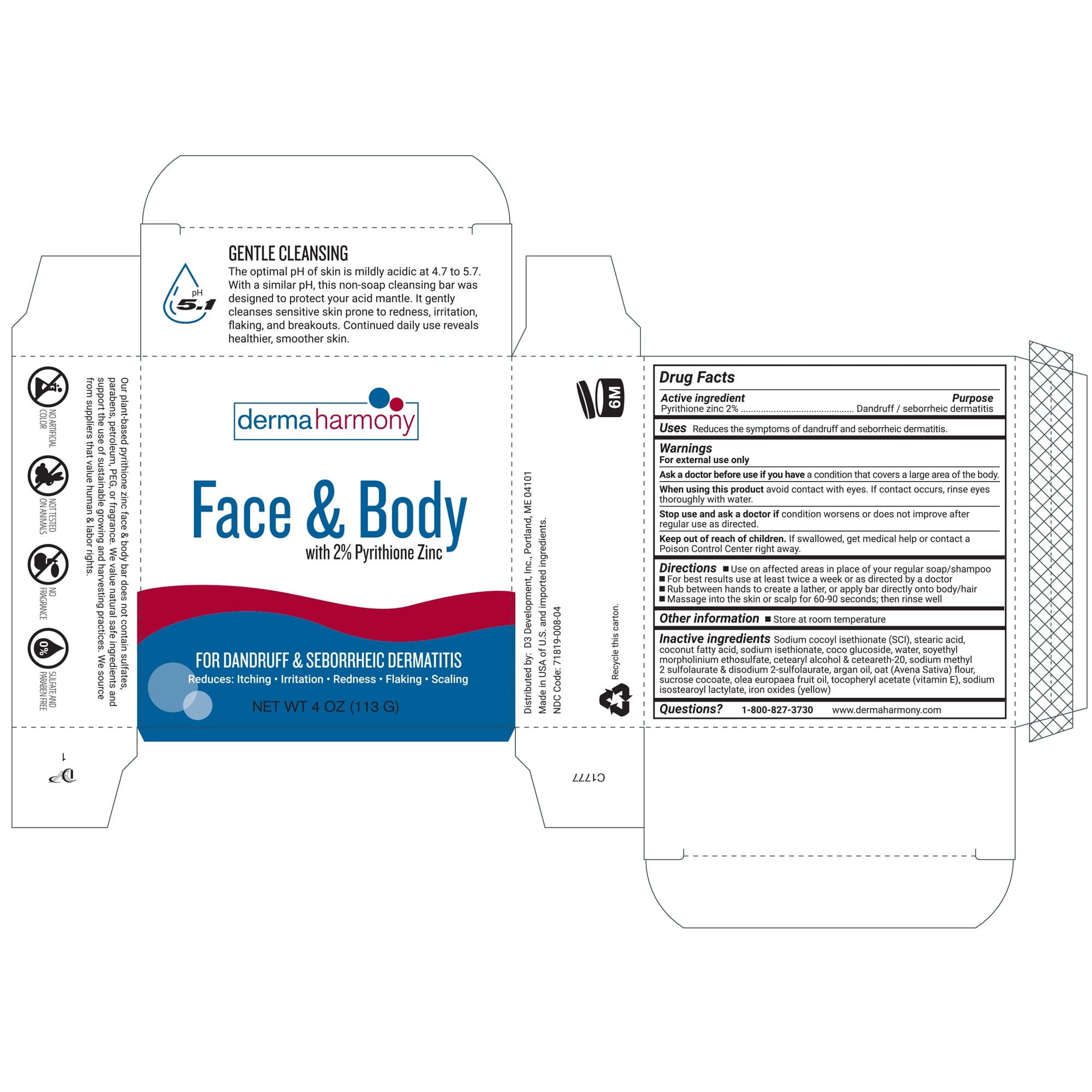 DermaHarmony 2% Pyrithione Zinc Face & Body Bar (non-soap) - Unscented