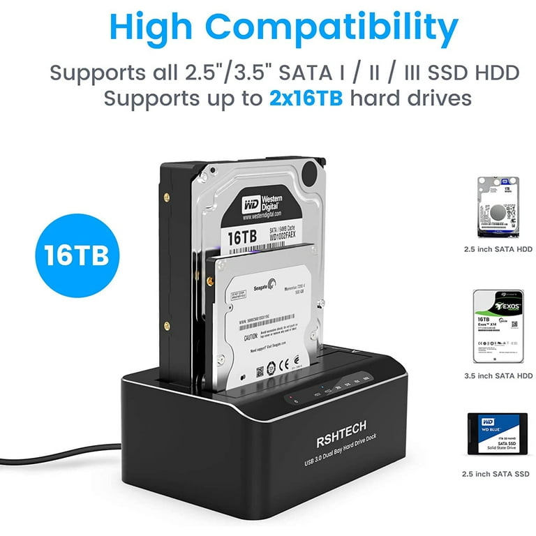 Hard Drive Docking Station, RSHTECH Aluminum USB 3.0 to SATA Dual External Hard Drive Dock for 2.5 & 3.5 inch SATA SSD HDD with UASP Offline Function, 2 x 16TB