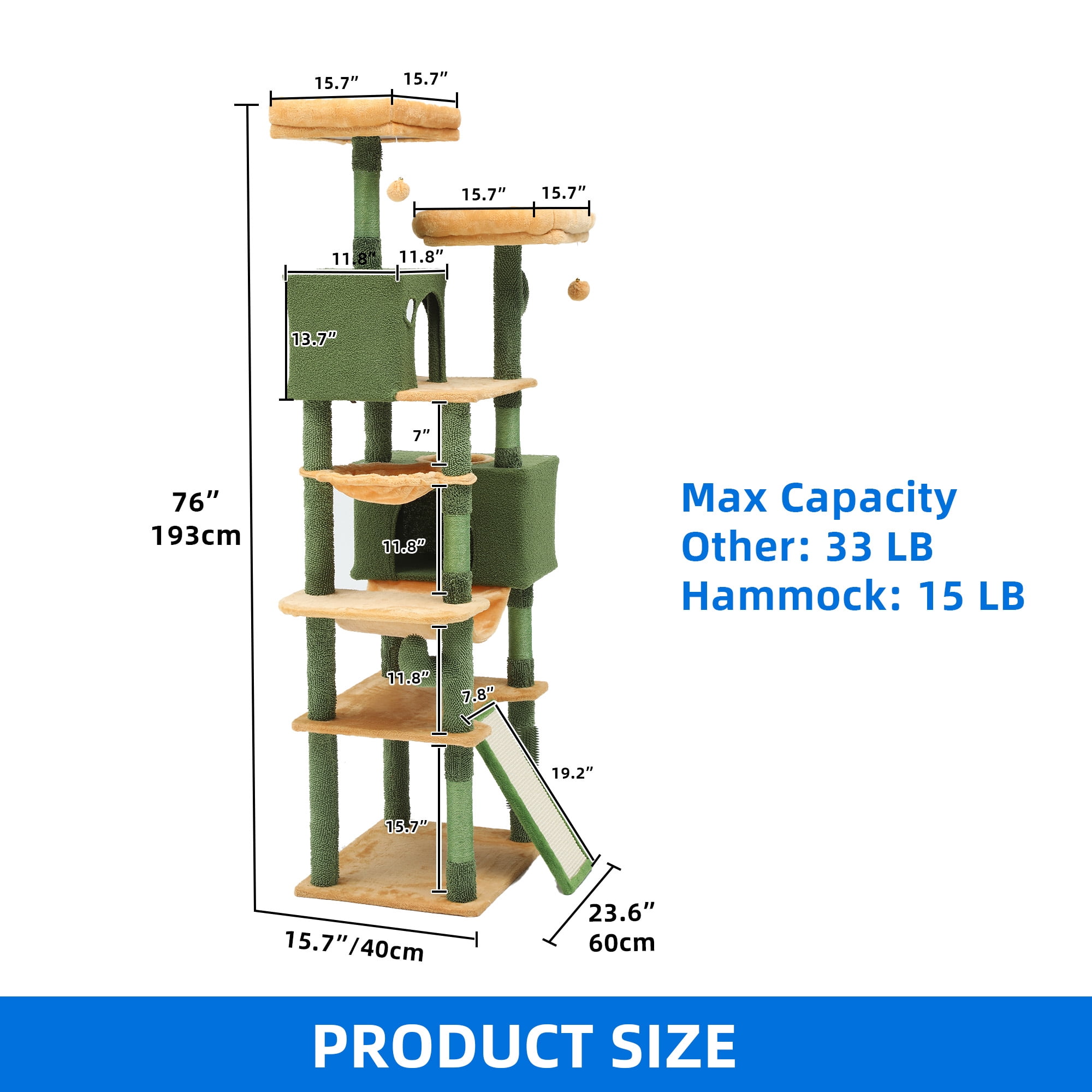Dextrus 76" Tall Cactus Cat Tree Tower, Large Cat Condo with Self-Grooming Brush, Plush Platform, Hammock, Sisal Scratching Posts, and Toy Balls,Green