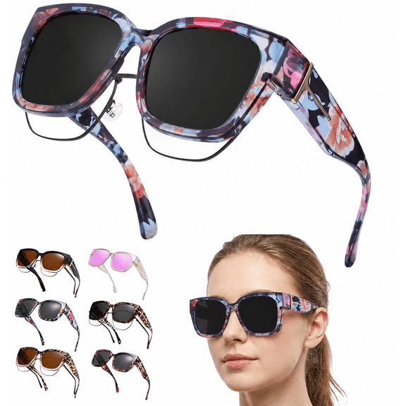 Zlinib Polarized Fit Over Sunglasses for Men Women, UV400 Protection Floral Frame Wear Over Prescription Glasses, Oversized Outdoor Eye Protection, Floral
