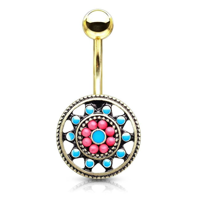Belly Button Ring Turquoise Enamel and Beads Aztec Tribal Sun Surgical Steel 14g