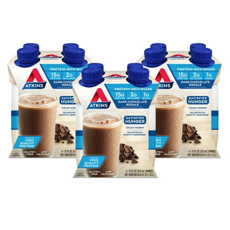 Atkins Gluten Free Protein-Rich Shake, Dark Chocolate Royale, Keto Friendly, 12 Count (Ready to Drink)