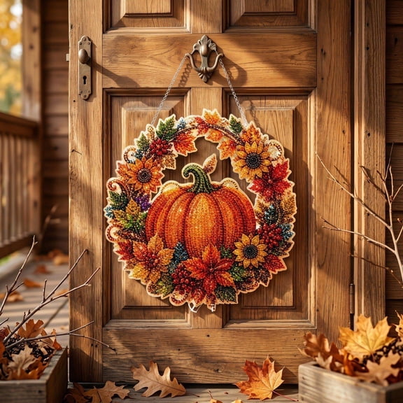 romoty 3D Pearl Art Kit Fall Harvest Pumpkin Sunflower Diamond Painting Acrylic Hanging Sign for Window and Front Door
