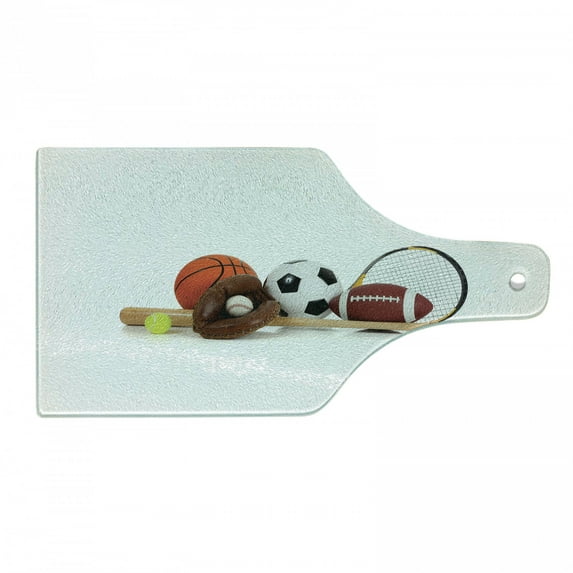 Youth Cutting Board, Assorted Sports Equipment Different Balls Bat Tennis Racket Baseball Glove on White, Tempered Glass Cutting and Serving Board, Wine Bottle Shape, Multicolor, by Ambesonne
