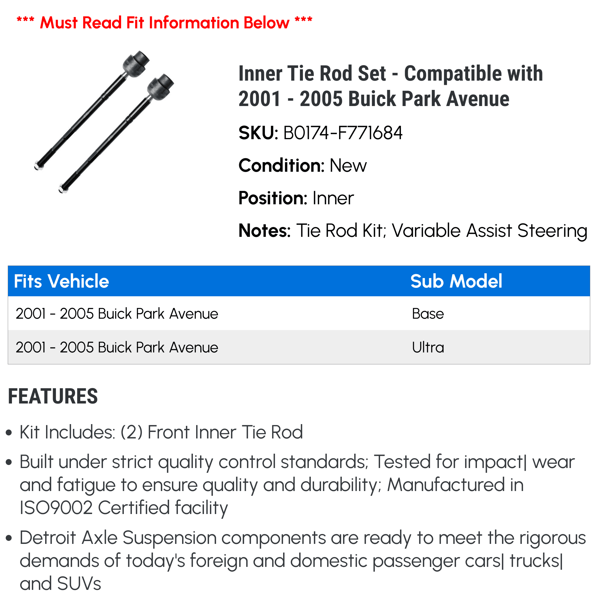 Inner Tie Rod Set - Compatible with 2001 - 2005 Buick Park Avenue 2002 2003 2004