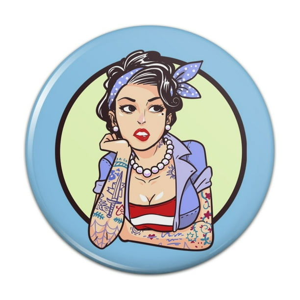 Rockabilly Retro Pin Up Girl With Tattoos Pinback Button Pin Rockabilly Retro Pin Up Girl With Tattoos Pinback Button Pin