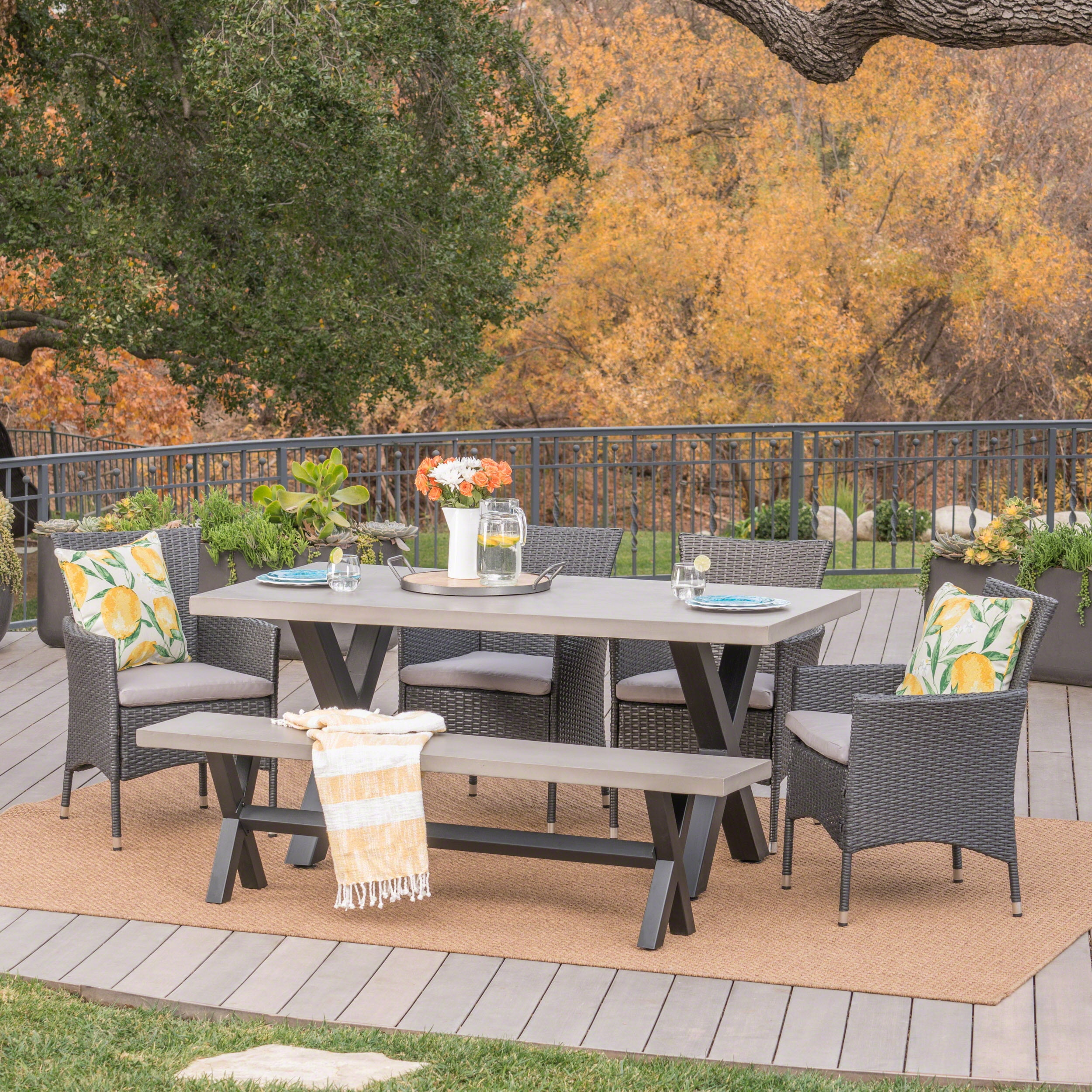 Allie Outdoor 6 Piece Wicker Dining Set with Cushions, Light Grey, Black, Grey, Silver