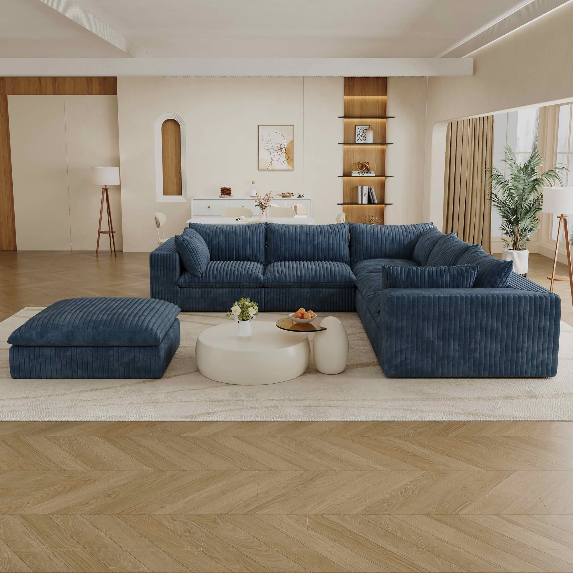 MAYEERTY 118.2" Cloud Corduroy Sofa, Deep Seat Double-Layer Design, Removable Cushion No Assembly, DIY Combination, Blue
