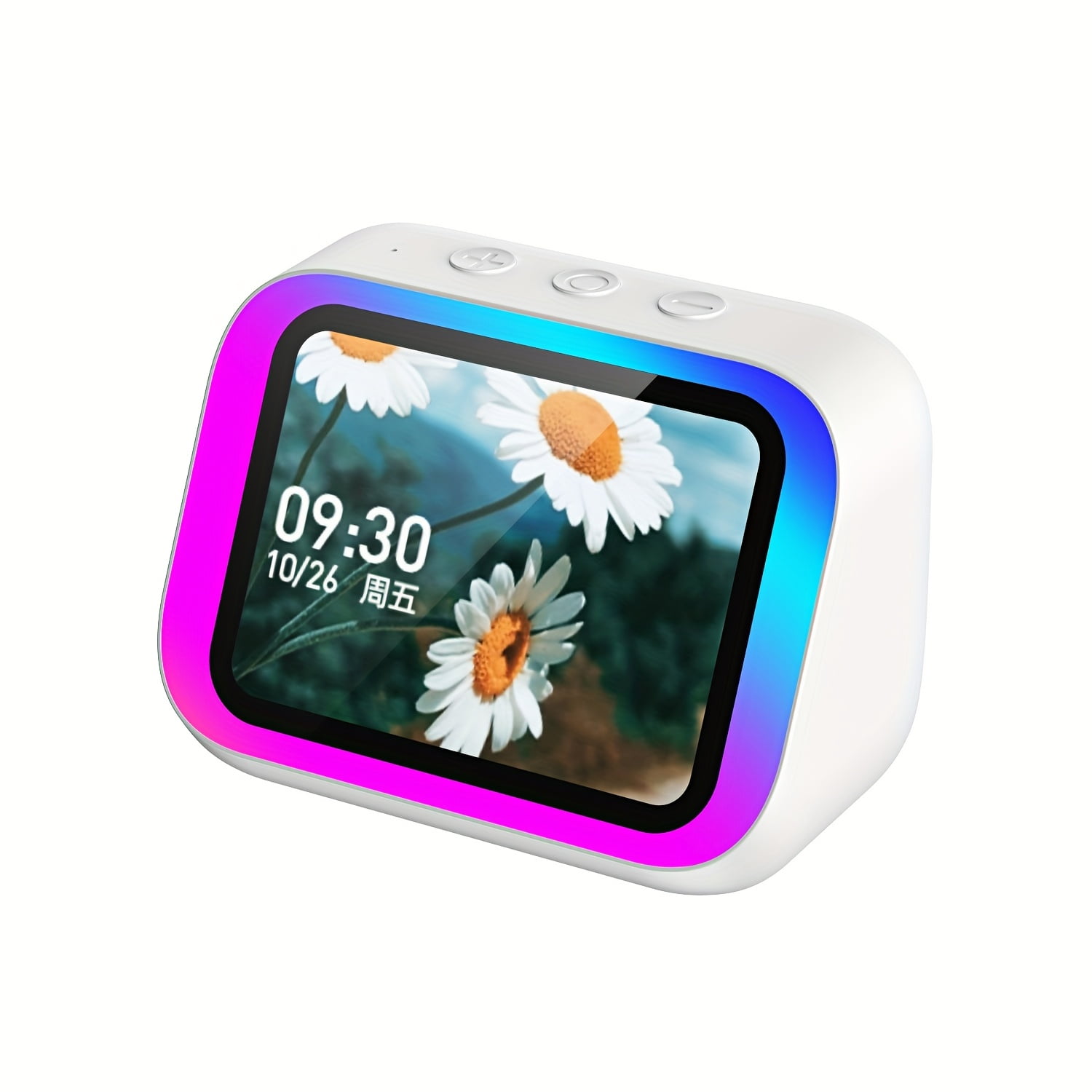 Smart Alarm Clock Speaker with Large LED Screen, Hi-Fi Stereo Sound Multi-Color Ambient Light, AI Voice Assistant Weather Display Hourly Chime for Bedroom Living Room