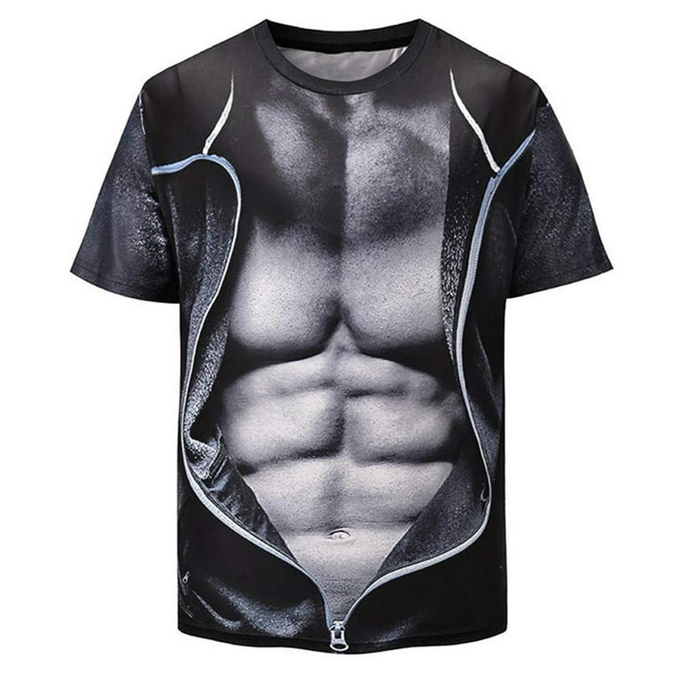 VSSSJ Men's 3D Fake Muscle Print Shirts Slim Fit Round Neck Short Sleeve  Pullover Tees Fashion Personality Funny Graphic Sport T-Shirts Black S