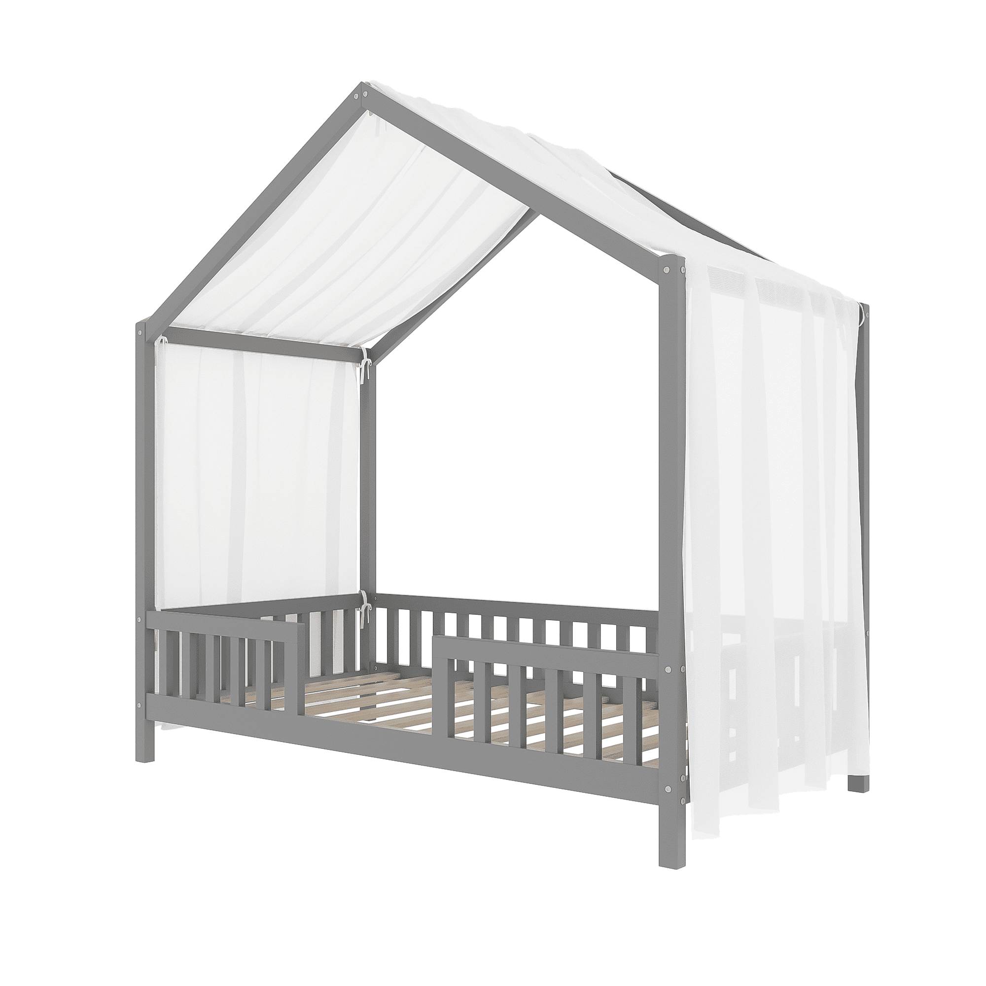 Euroco House Floor Bed with High Railings, Twin Size Kids' Bed with Canopy, Grey