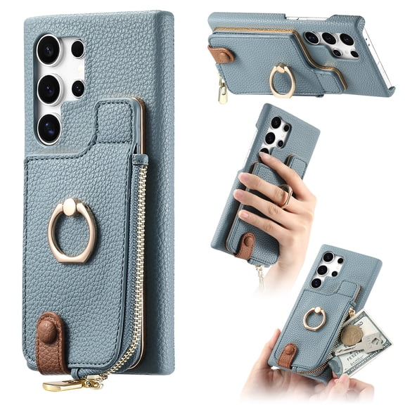 Compatible for Samsung Galaxy S22 Ultra Zipper Wallet Case with Card Holder, Rotation Ring Kickstand Case, PU Leather Card Slots RFID Blocking Protection Phone Case Shockproof Cover, Blue