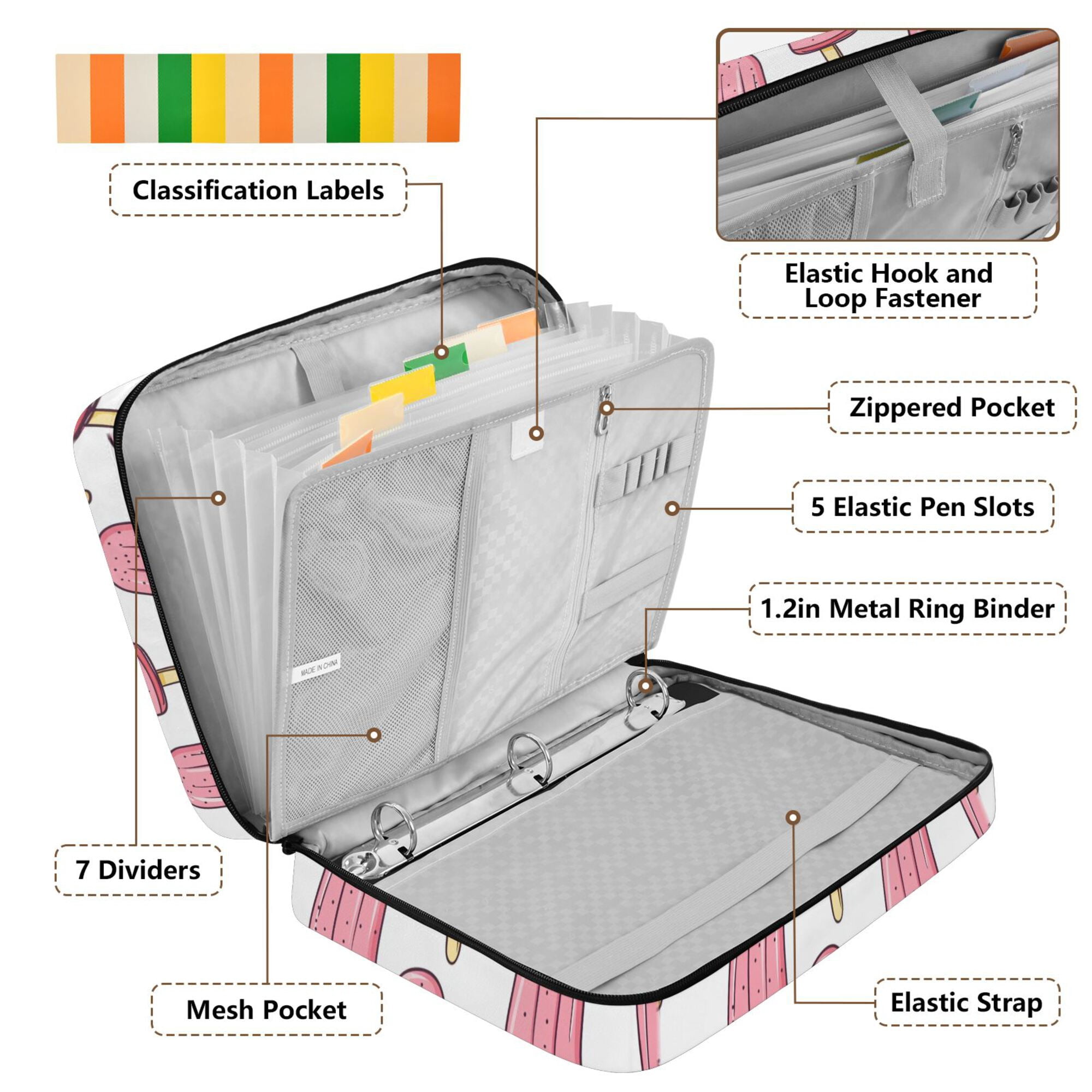 FORMRS Accordion File Folder A4 Size 7-Pocket Expanding Document Organizer Bag with 3 Ring Binder, Pink Ice Cream