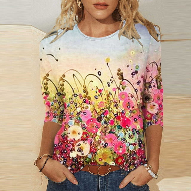 Pntutb Grande Taille Liquidation! T-Shirt Imprimé pour Femme Blouse à Manches 3/4 Col Rond Hauts Décontractés