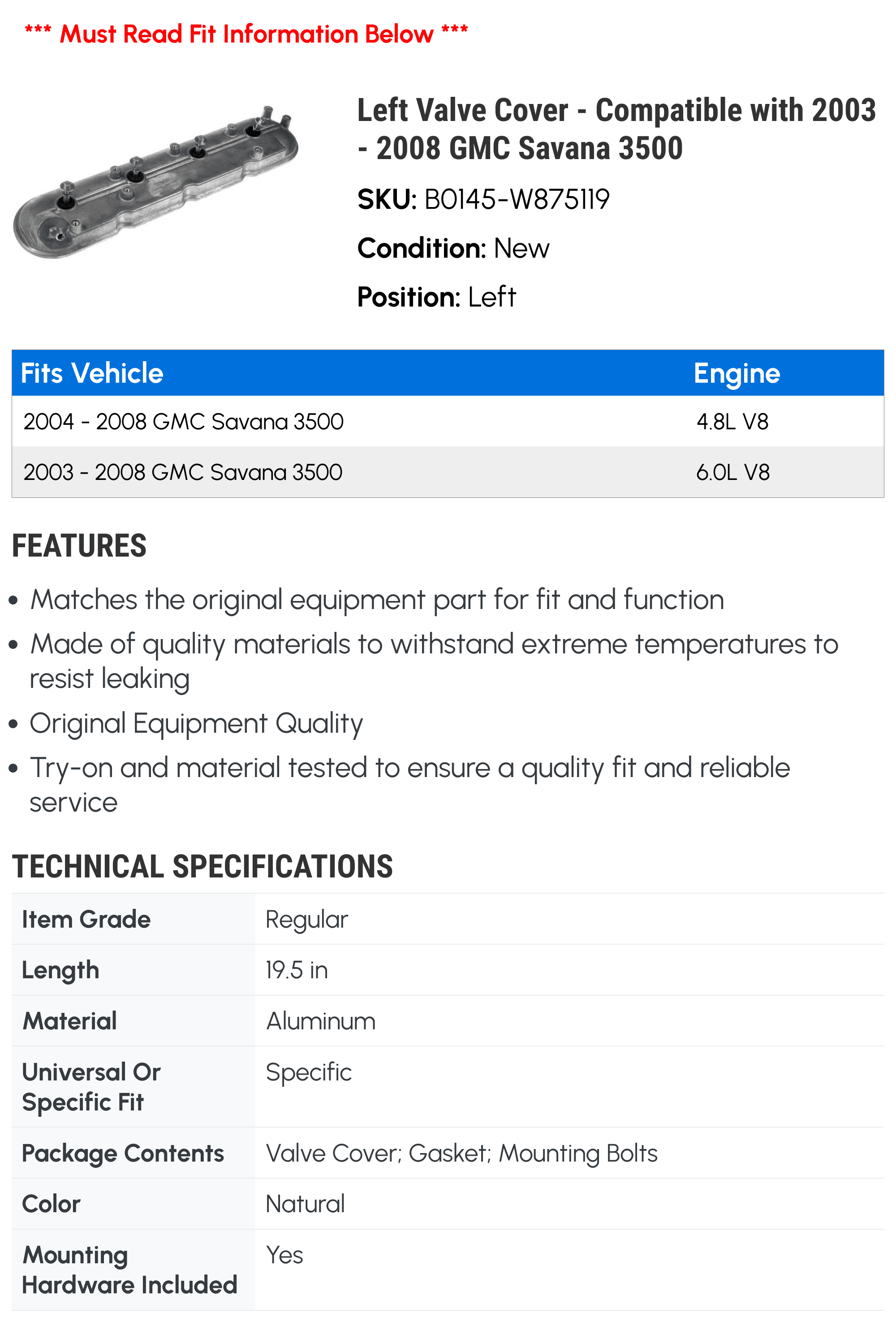Left Valve Cover - Compatible with 2003 - 2008 GMC Savana 3500 2004 2005 2006 2007