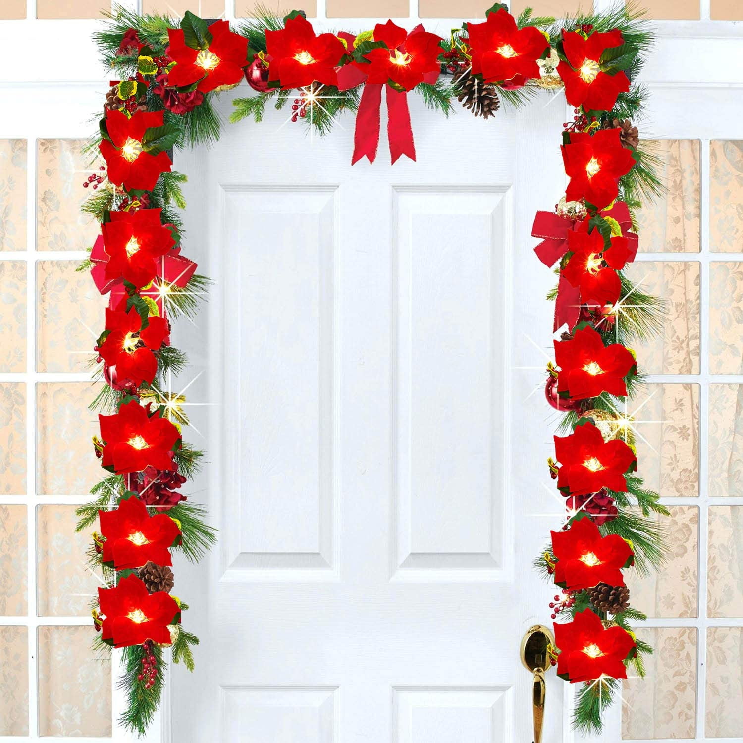 Velvet Artificial Poinsettia Garland Berries Holly Leaves 3AA Battery Operated 