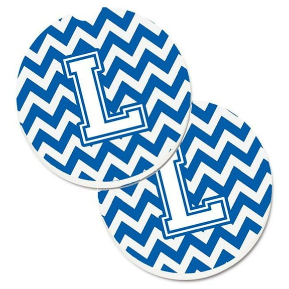 Letter L Chevron Blue & White Set of 2 Cup Holder Car Coaster