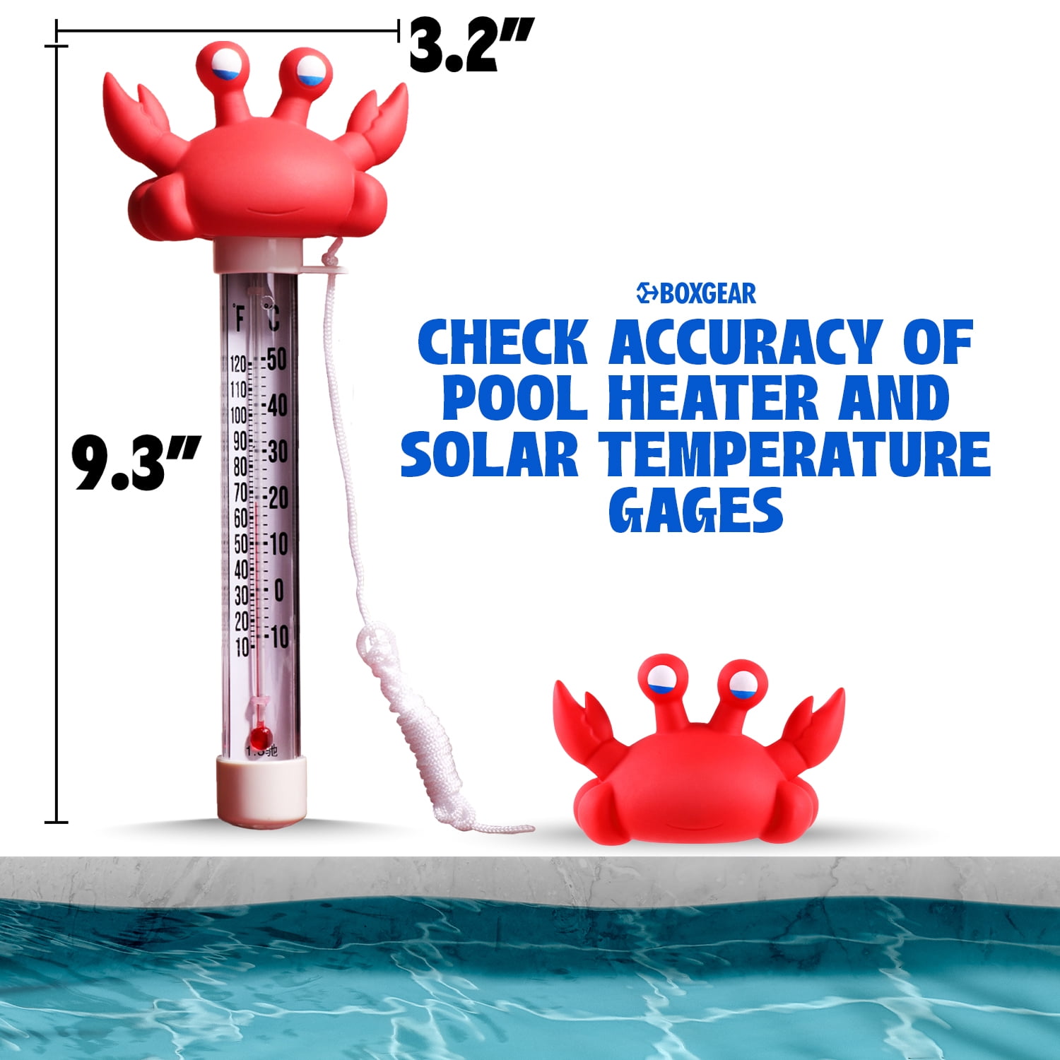 Boxgear Crab Floating Pool Thermometer - Aquarium Thermometer Water Temperature from -10 to 50°C - Shatter Proof Pool Thermometer Floater with Tether for Outdoor & Indoor Swimming Pools, Ponds,Spa