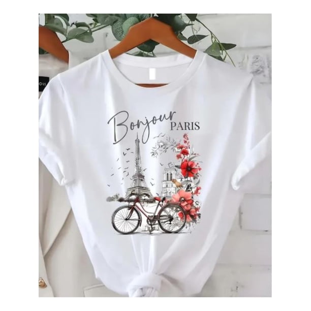 Women's Floral & Parisian Landmark Print T-Shirt - Vibrant Green Relaxed Fit Round Neck Short Sleeve, 100% Cotton Machine Washable Top for Spring/Summer Casual & Party Wear