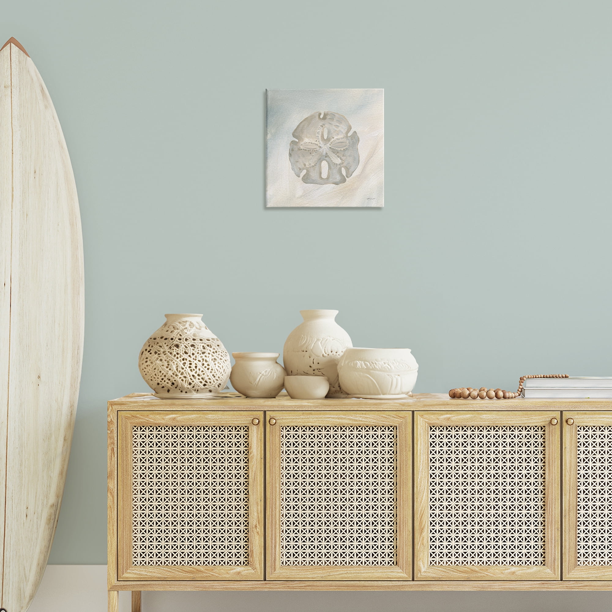 Stupell Industries Sand Dollar over Beige Coastal Painting Gallery Wrapped Canvas Art Print Wall Art, 17 x 17
