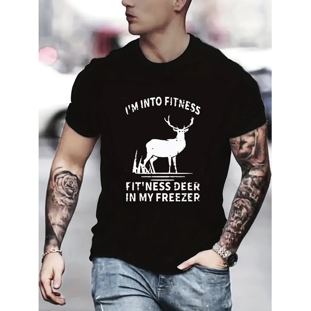 Men's Trendy Deer Graphic T-shirt, Casual Comfy Slightly Stretch Crew Neck Loose Tee Top For Summer Outdoor