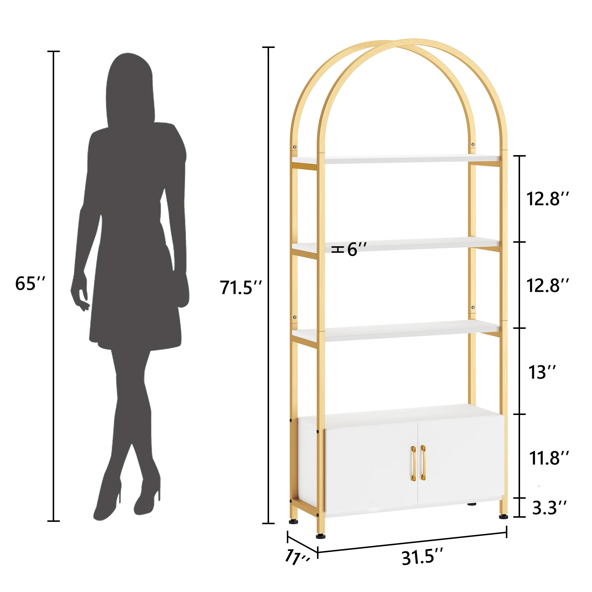 Towallmark 4-Tier Gold Bookshelf with Doors StorageBook Shelf, 71.5“ Tall Arched Book Shelf with Studry Metal Frame and Quality Board for Bedroom Living Room