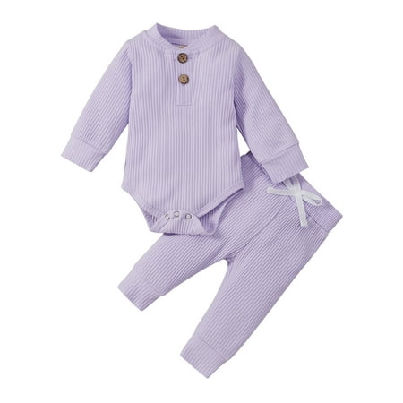 

Musuos 2Pcs Baby Boy Girl Ribbed Knit Long Sleeve Romper Elastic Waist Trousers