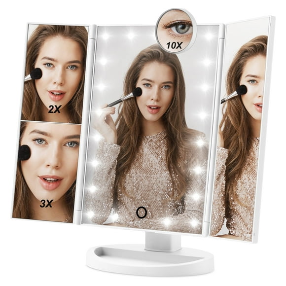 Hamswan Makeup Mirror with 21 LED Lights, Lighted Makeup Mirror w/ 10X 3X 2X  Magnification, Tri-fold Vanity Mirror, Touch Screen, 180 Degree Rotation, Dual Power Supply for Woman Girls - White
