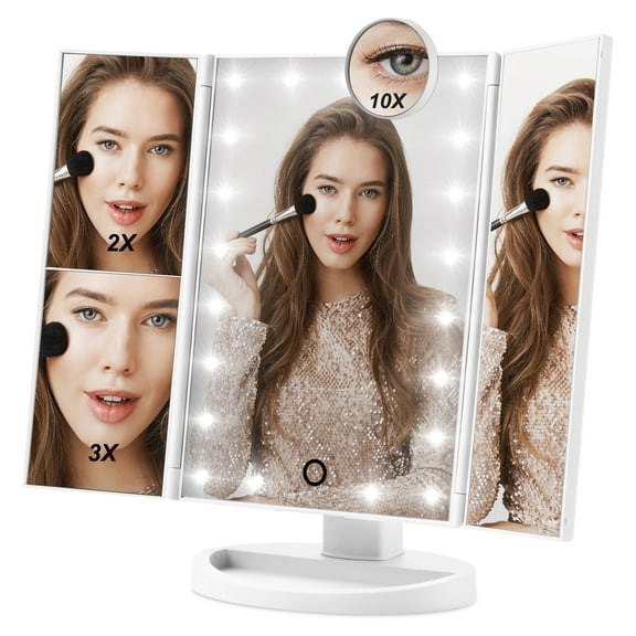 Hamswan Makeup Mirror with 21 LED Lights, Lighted Makeup Mirror w/ 10X 3X 2X Magnification, Tri-fold Vanity Mirror, Touch Screen, 180 Degree Rotation, Dual Power Supply for Woman Girls - White
