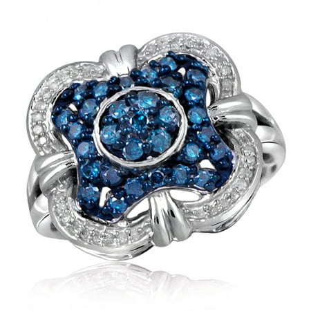 JewelersClub 1.00 CTW Round cut Blue & White Diamond Clover Sterling Silver Ring