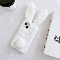 Allytech Rabbit Faux Furry Case Cover for Apple iPhone 14 Plus 6.7", Girly Fluffy Faux Fur Protective Anti-Scratch Bunny Case for Girls Women - White