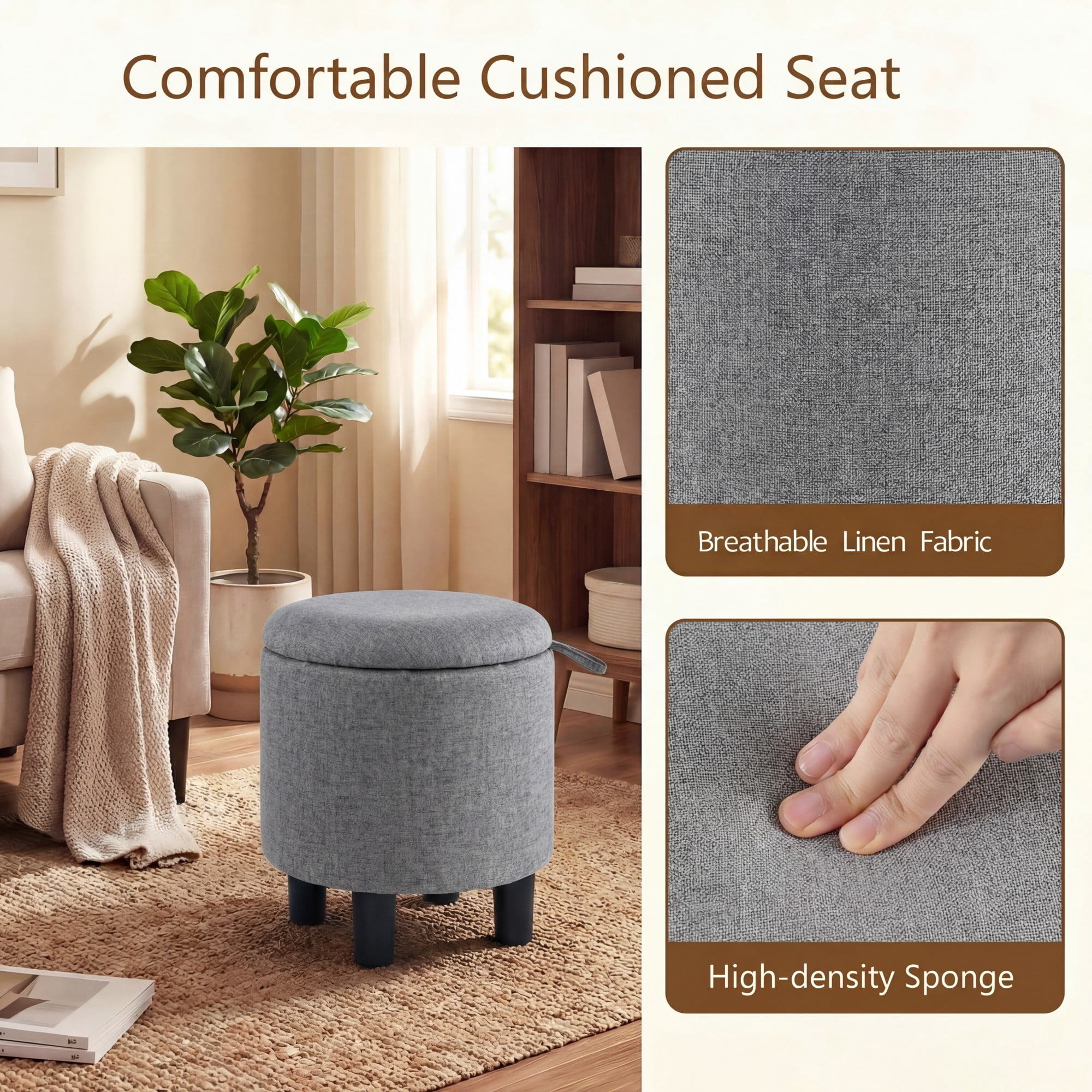 ELLEGNT Round Ottoman with Storage - Removable Lid, Linen Fabric Footrest Stool for Living Room, Bedroom Gray