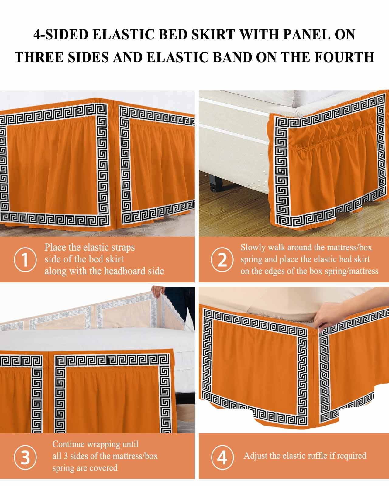 Orange Bed Skirt Greek Chinese Style Border Geometric Bed Skirts Queen Size 18 Inch Drop, Wrap Around Dust Ruffle&nbsp;Bedskirt with Adjustable Elastic Belt for Queen Size Beds