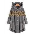 thumbnail image 2 of Women Button Plush Tops Hooded Loose Cardigan Leopard Patchwork Coat Jacket, 2 of 5