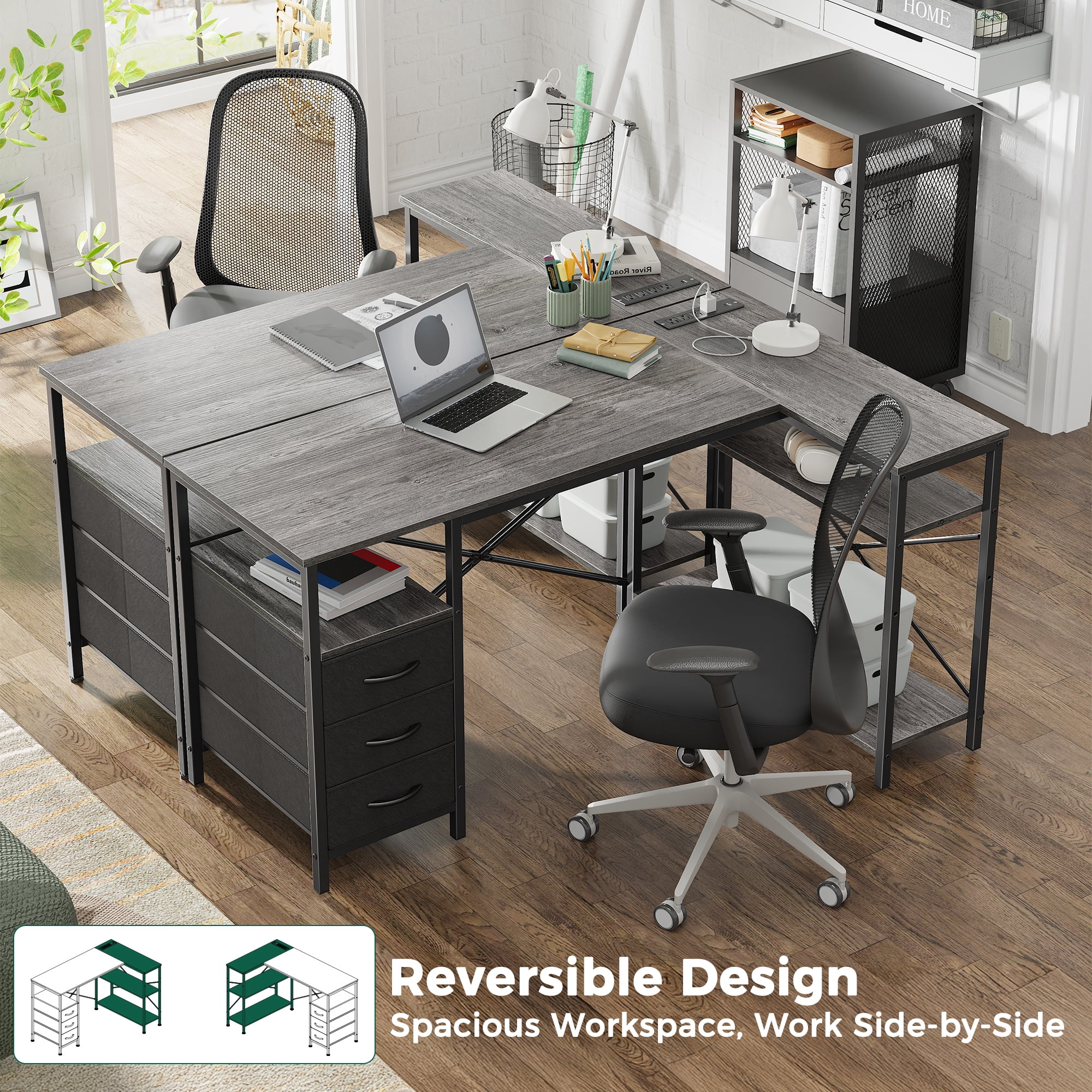 47 Inch L Shaped Office Desk with Power Outlets, Computer Desk with Drawers, Corner Desk for Home Office