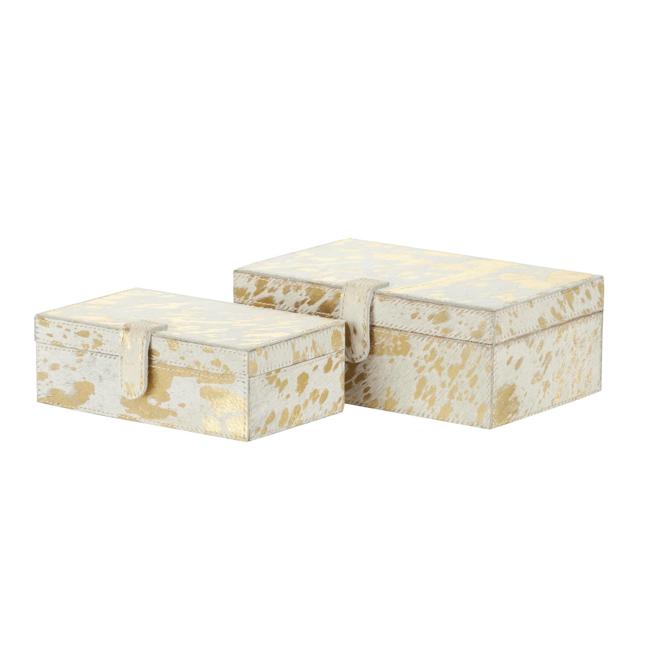 DecMode Handmade Gold Leather Decorative Box with Snap Front Closure and Detailed Stitching, 2 Count