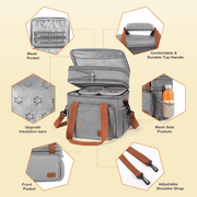 Insulated Lunch Box for Women Men, Expandable Leakproof Lunch bag with Double Compartment, Reusable Cooler Tote Bag for Office, Work, Picnic, Gray(17L)