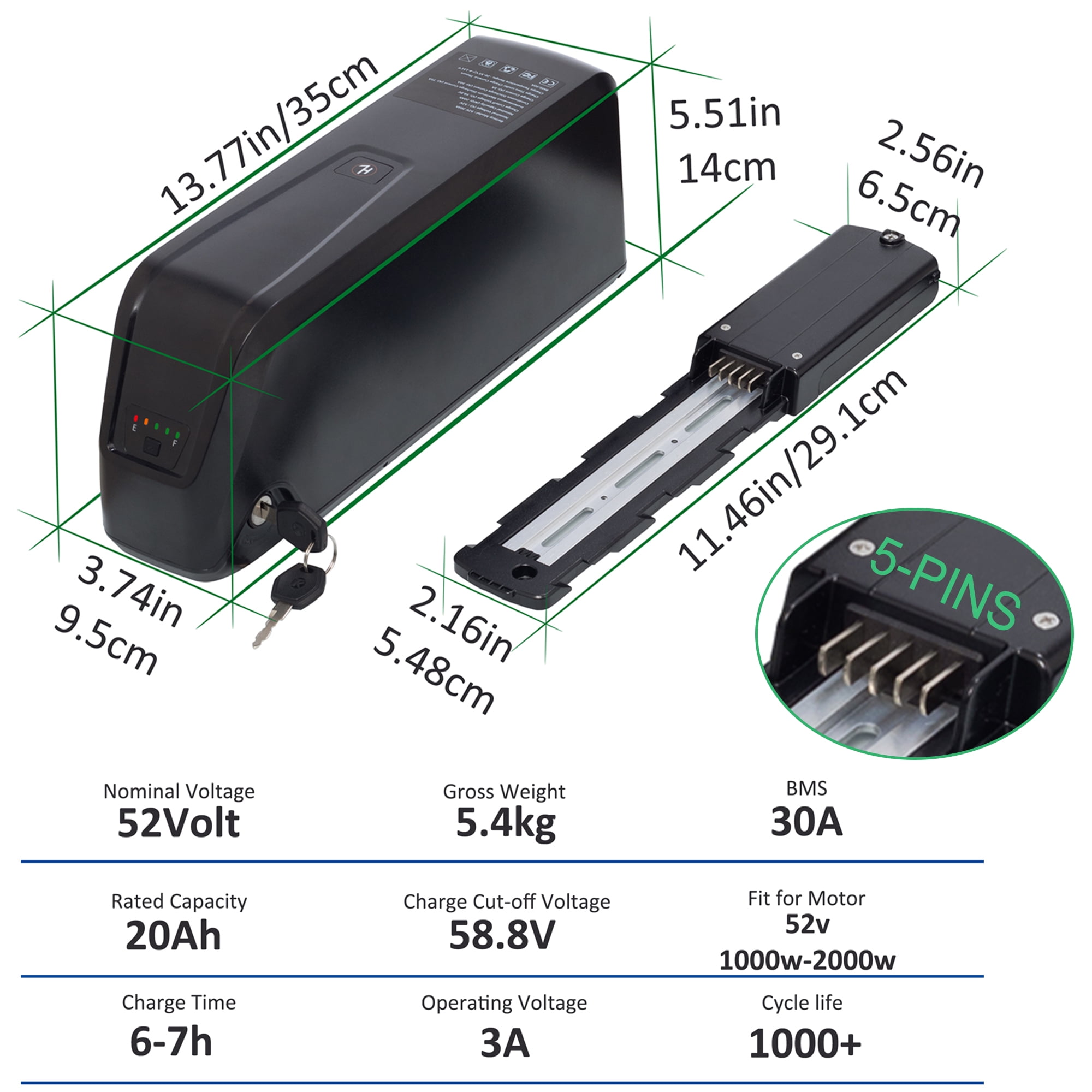 52V 20AH Ebike Battery 52V Lithium Battery 52V Battery for 750W-2000W Adult Electric Bicycle Tricyle
