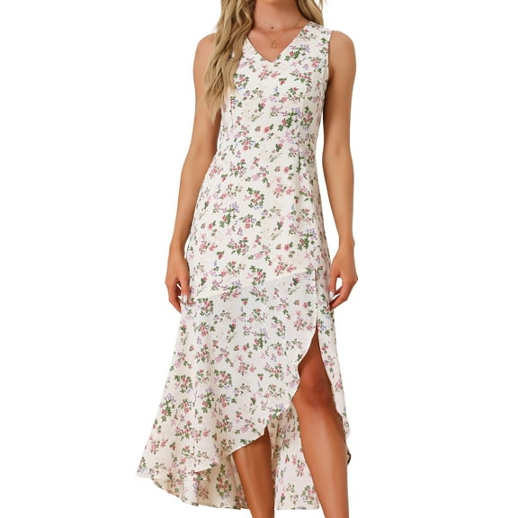 DARING DIVA Floral High Low Side Slit Midi Dress XS Beige