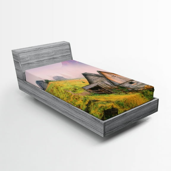 Ambesonne Nature Fitted Sheet, Wooden Houses Mountain, Twin Size, Green Brown