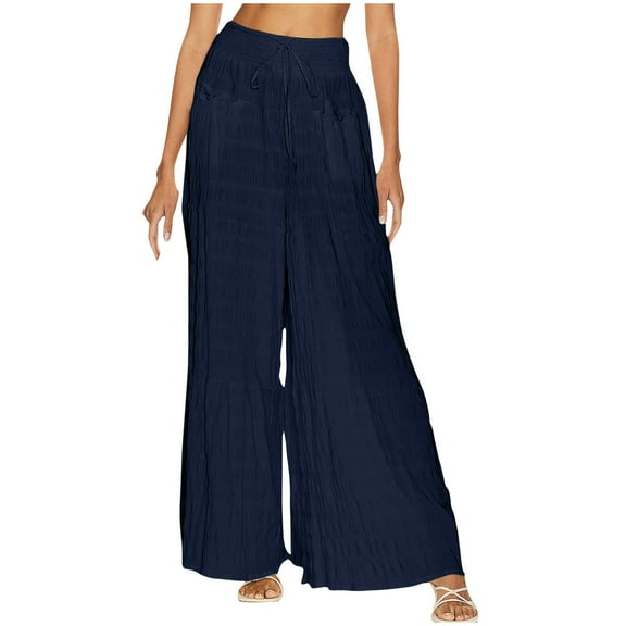 Inleife Woman Summer Solid Color Pockets Wide Leg Pants Casual Pants Boho Beach Pants Dark Blue M