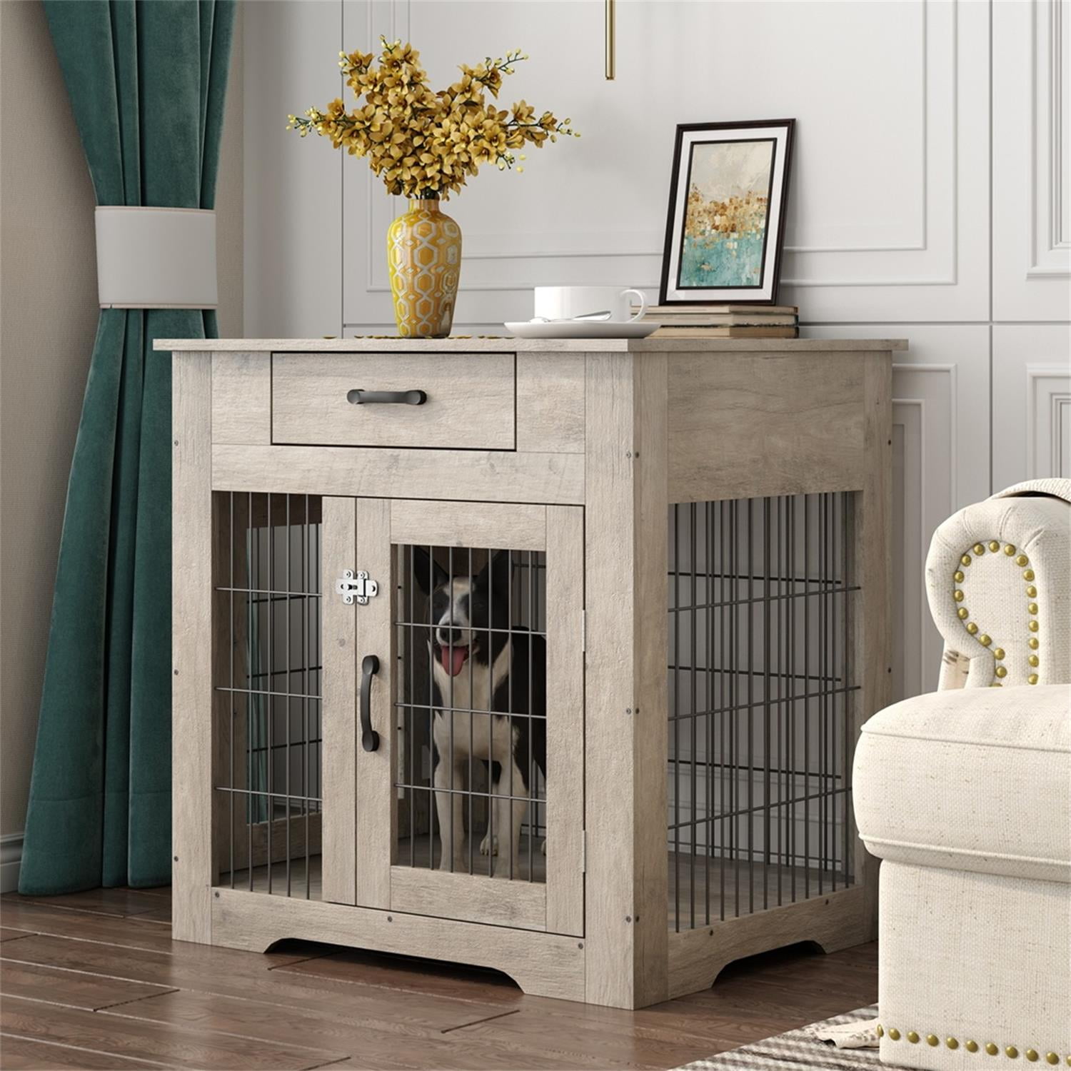 Pefilos 30 Inches Dog Cages Furniture Style Dog Crate End Table with Drawer, Pet Kennels with Double Doors Nightstand, Dog House Indoor Use Pet Cages for Dogs Medium, Gray Pefilos 30 Inches Dog Cages Furniture Style Dog Crate End Table with Drawer, Pet Kennels with Double Doors Nightstand, Dog House Indoor Use Pet Cages for Dogs Medium, Gray
