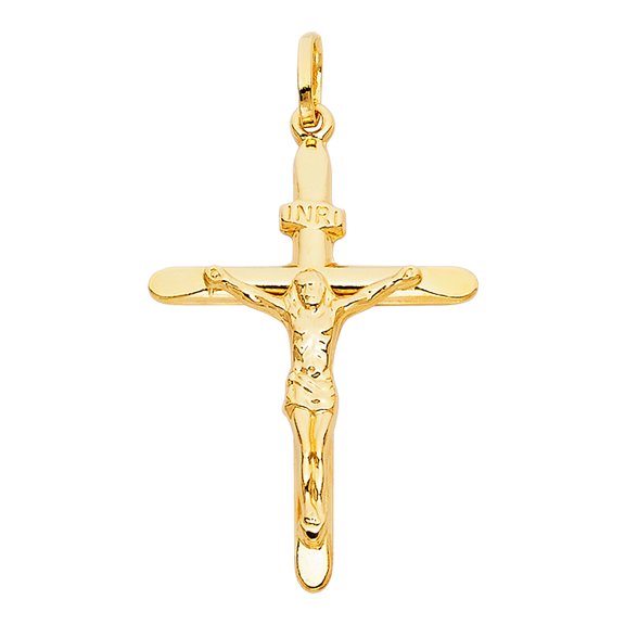 Wellingsale 14K Yellow Gold Polished Religious Catholic Crucifix Pendant