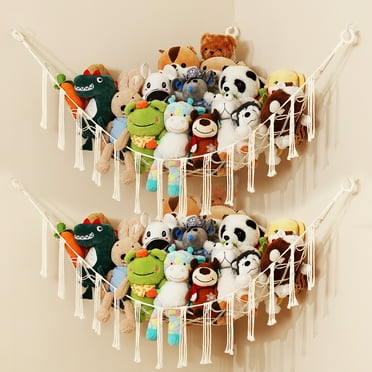 iKeelo 2 Pack Stuffed Animal Hammocks, Corner Plush Toy Storage Net, Hanging Stuff Animal Organizer Holder Ideas for Plushie Display, Beige